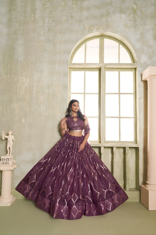 Stunning Wine Butterfly Net Designer Lehenga Choli with Heavy Embroidery Work for Wedding