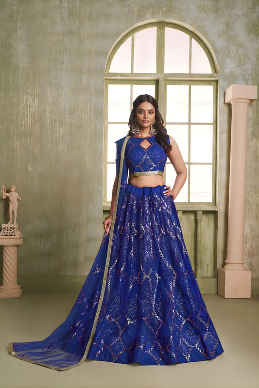 Royal Blue Butterfly Net Designer Lehenga Choli with Heavy Embroidery Work for Wedding