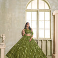 Elegant Olive Green Butterfly Net Designer Lehenga Choli with Heavy Embroidery Work for Wedding