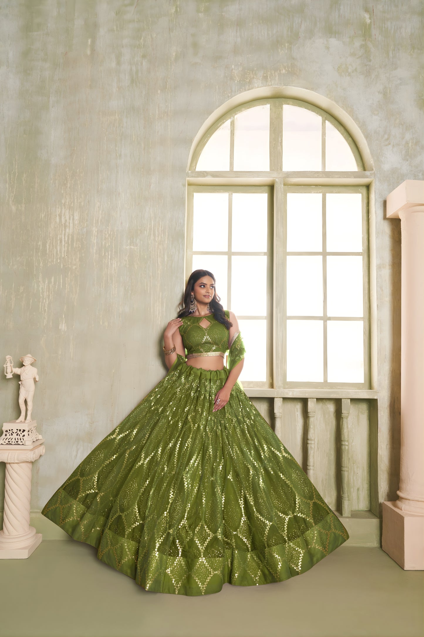 Elegant Olive Green Butterfly Net Designer Lehenga Choli with Heavy Embroidery Work for Wedding