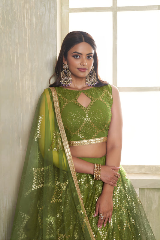 Elegant Olive Green Butterfly Net Designer Lehenga Choli with Heavy Embroidery Work for Wedding