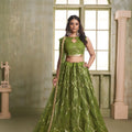 Elegant Olive Green Butterfly Net Designer Lehenga Choli with Heavy Embroidery Work for Wedding
