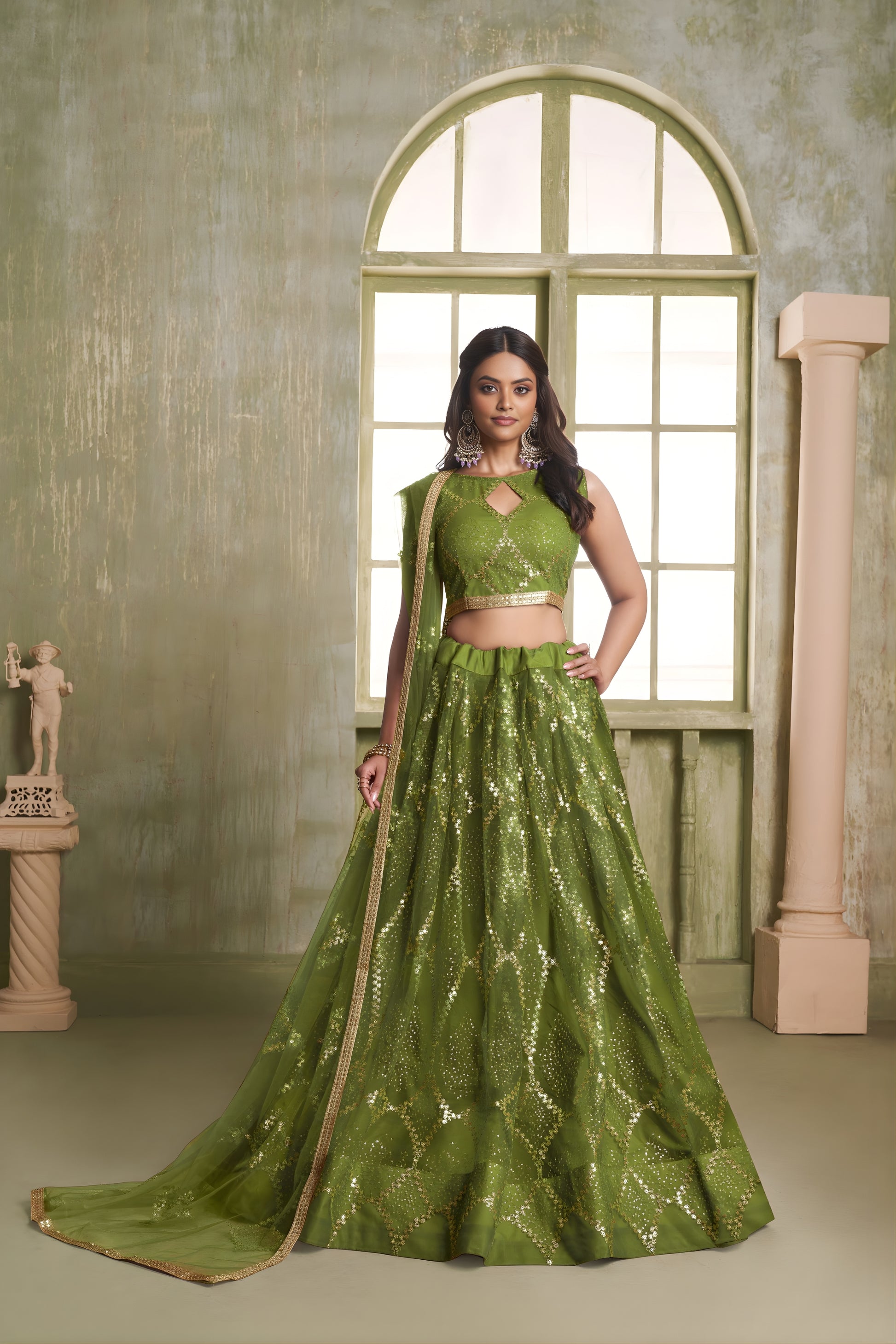 Elegant Olive Green Butterfly Net Designer Lehenga Choli with Heavy Embroidery Work for Wedding