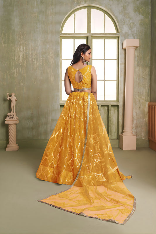 Stylish Mustard Yellow Butterfly Net Designer Lehenga Choli with Heavy Embroidery Work for Wedding