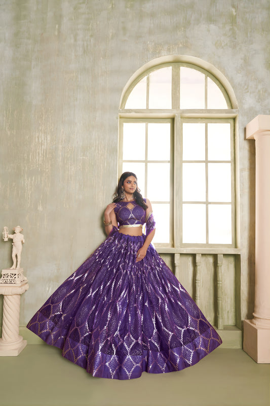 Premium Purple Butterfly Net Designer Lehenga Choli with Heavy Embroidery Work for Wedding