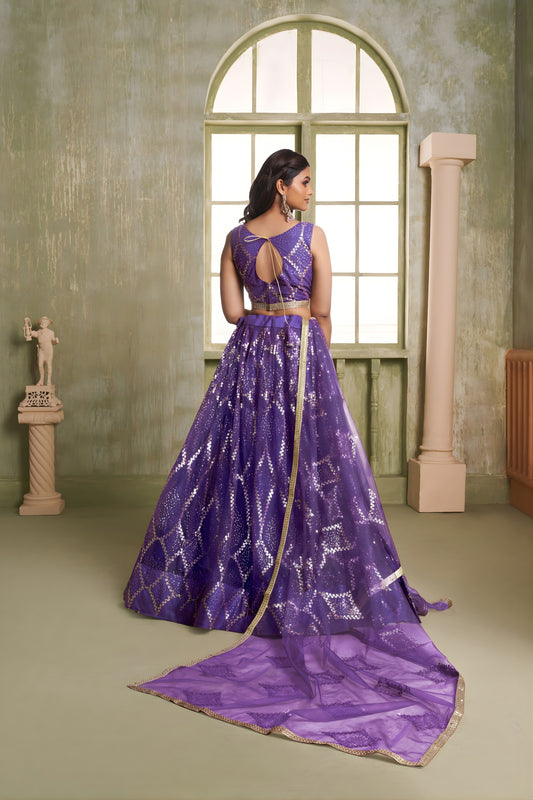 Premium Purple Butterfly Net Designer Lehenga Choli with Heavy Embroidery Work for Wedding