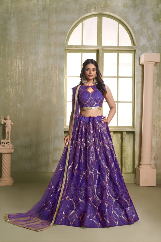 Premium Purple Butterfly Net Designer Lehenga Choli with Heavy Embroidery Work for Wedding