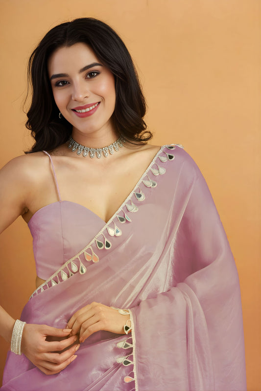 Beautiful Lavender Organza Saree Lace Border for Wedding
