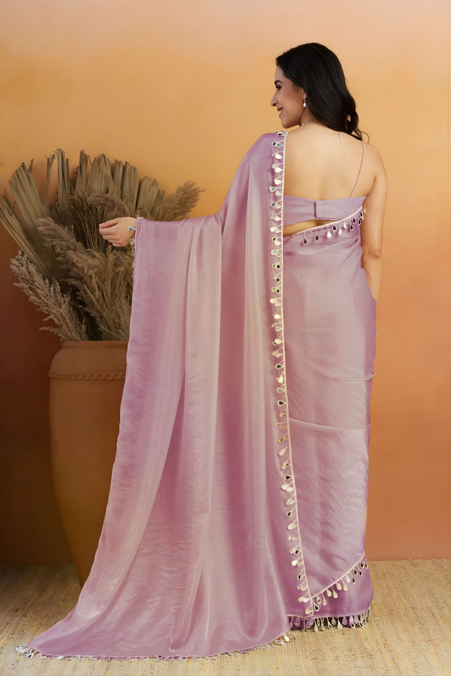 Beautiful Lavender Organza Saree Lace Border for Wedding