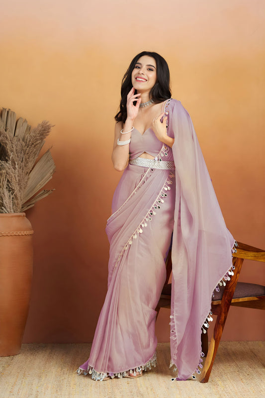 Beautiful Lavender Organza Saree Lace Border for Wedding