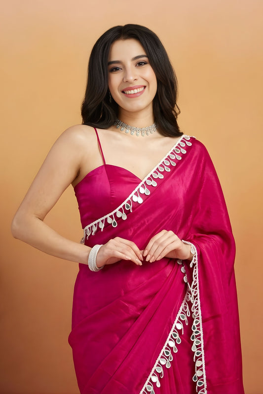 Stylish Rani Pink Organza Saree Lace Border for Wedding