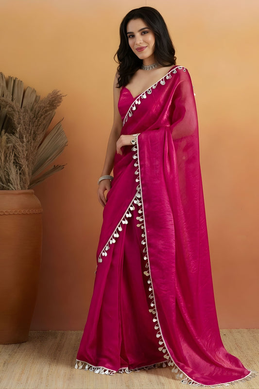 Stylish Rani Pink Organza Saree Lace Border for Wedding