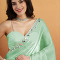 Elegant Mint Green Organza Saree Lace Border for Wedding