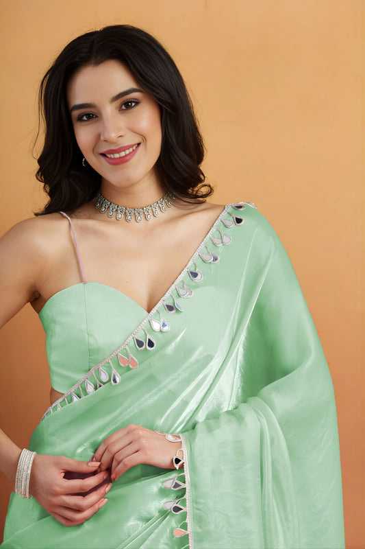 Elegant Mint Green Organza Saree Lace Border for Wedding