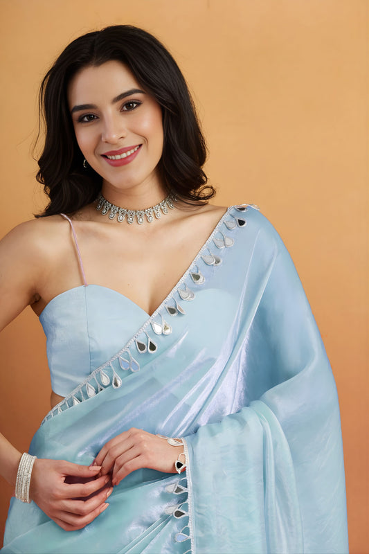 Royal Sky Blue Organza Saree Lace Border for Wedding