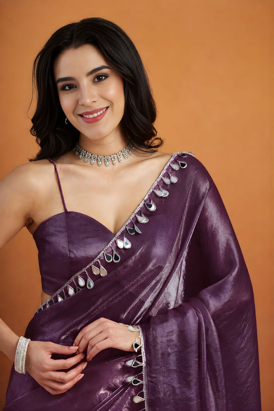 Beautiful Purple Organza Saree Lace Border for Wedding