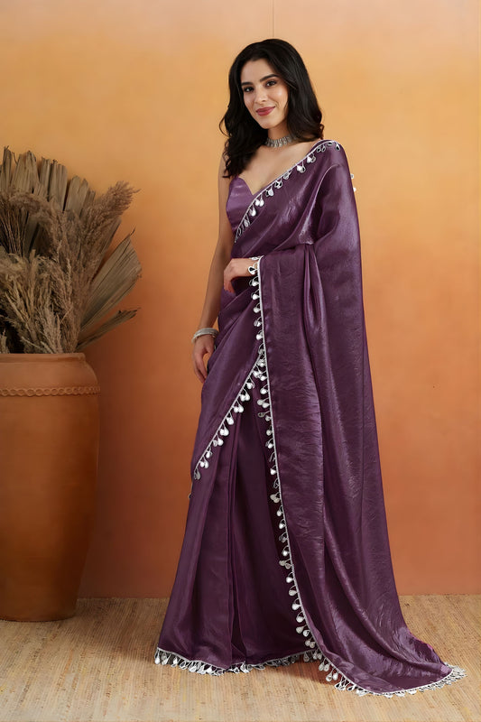 Beautiful Purple Organza Saree Lace Border for Wedding