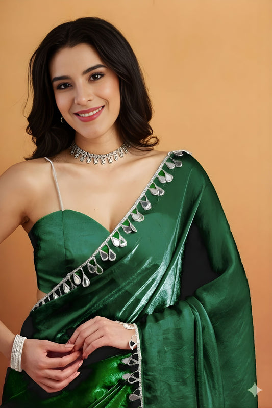 Elegant Bottle Green Organza Saree Lace Border for Wedding