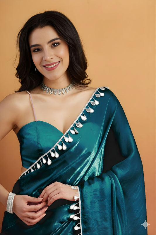 Stylish Teal Blue Organza Saree Lace Border for Wedding