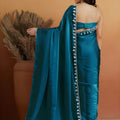 Stylish Teal Blue Organza Saree Lace Border for Wedding