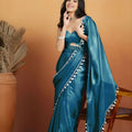 Stylish Teal Blue Organza Saree Lace Border for Wedding