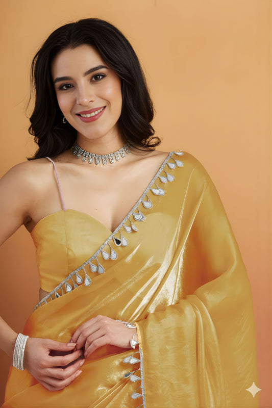 Stylish Mustard Yellow Organza Saree Lace Border for Wedding