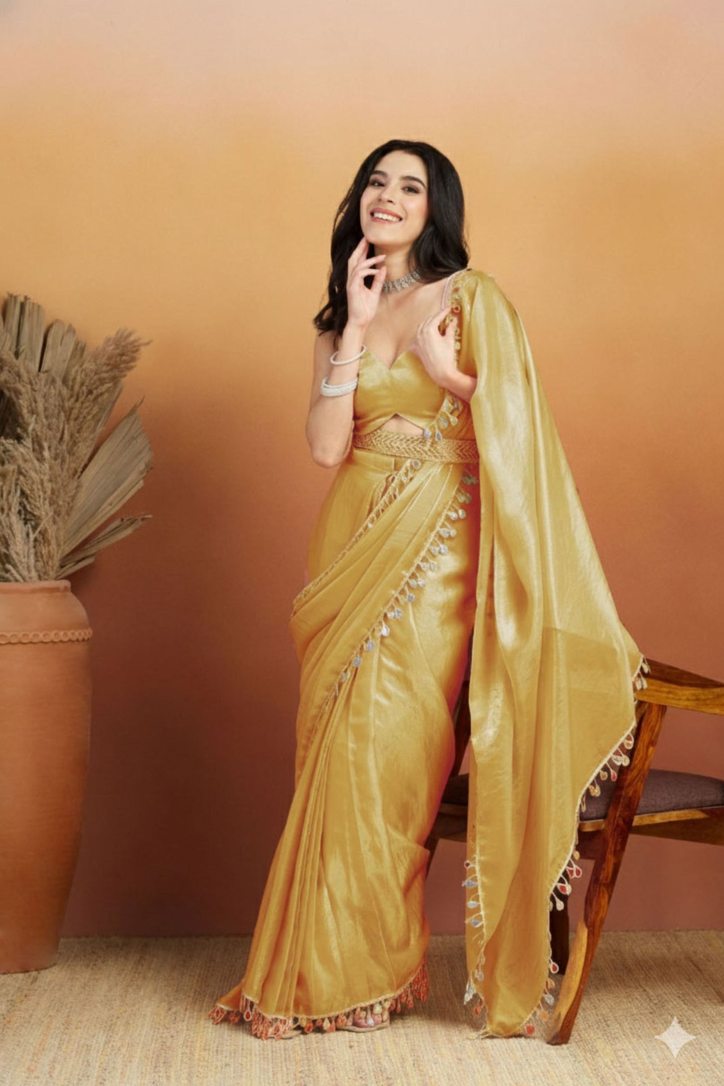 Stylish Mustard Yellow Organza Saree Lace Border for Wedding