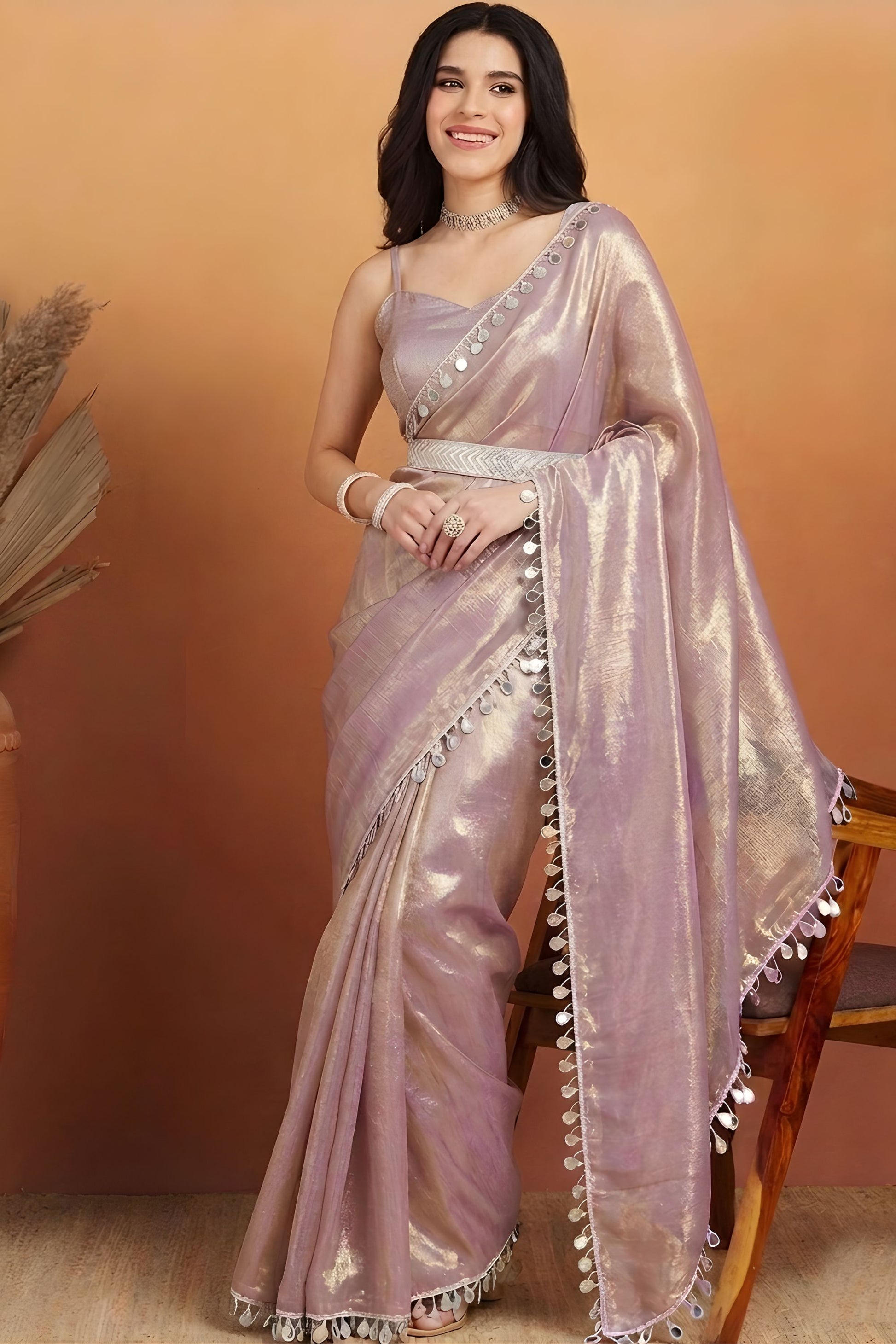 Elegant Lavender Organza Saree Lace Border for Wedding