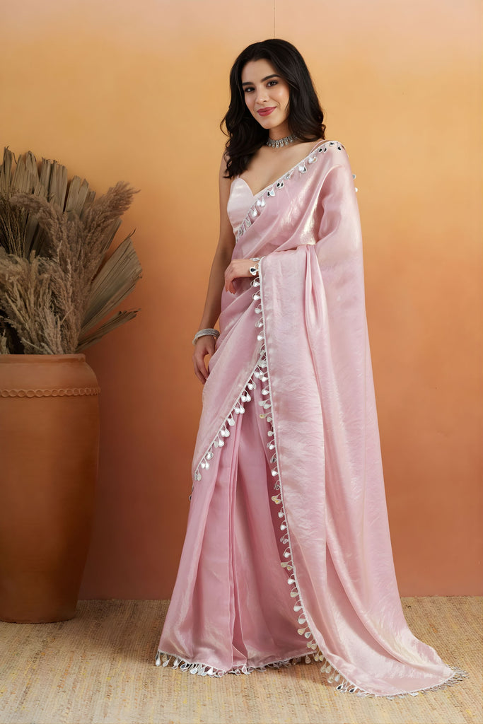 Beautiful Baby Pink Organza Saree Lace Border for Wedding