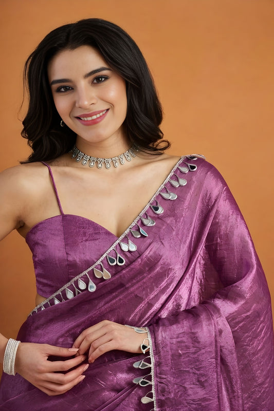 Stylish Mauve Organza Saree Lace Border for Wedding