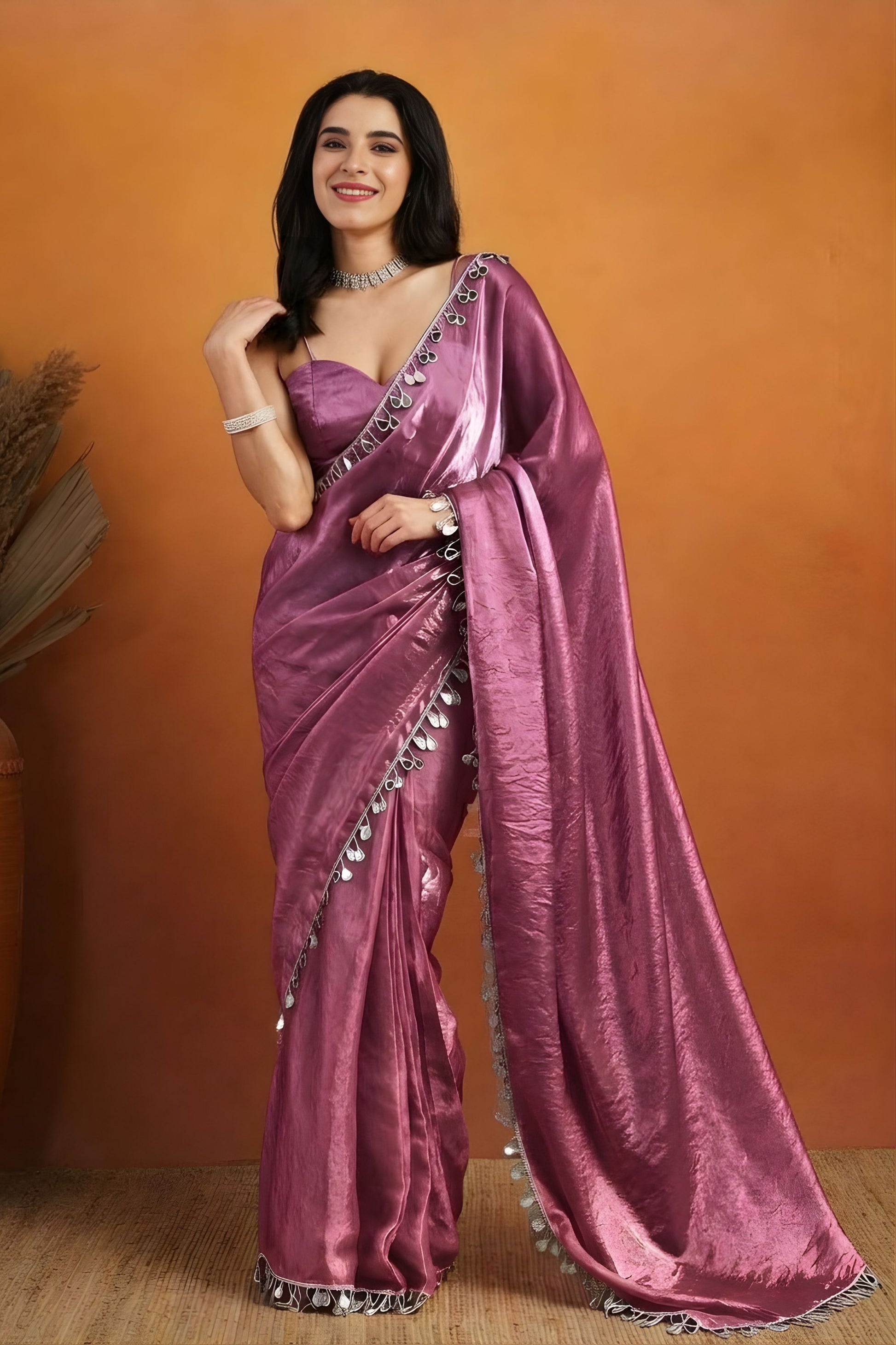 Stylish Mauve Organza Saree Lace Border for Wedding