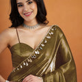 Elegant Olive Green Organza Saree Lace Border for Wedding