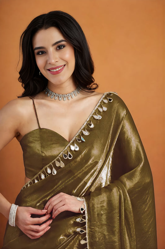 Elegant Olive Green Organza Saree Lace Border for Wedding