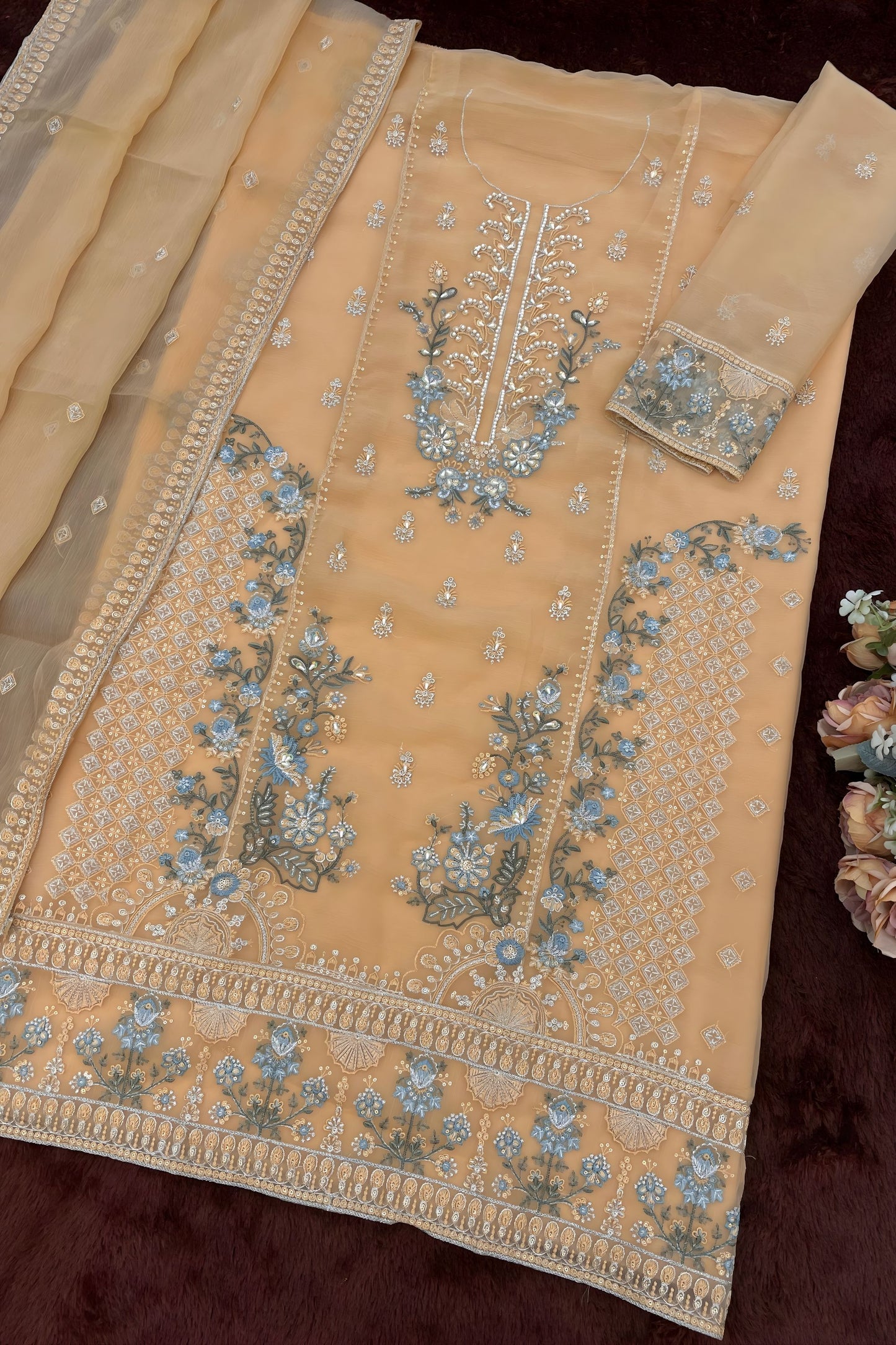 Premium Beige Chiffon Embroidery Work Straight Palazzo Suit