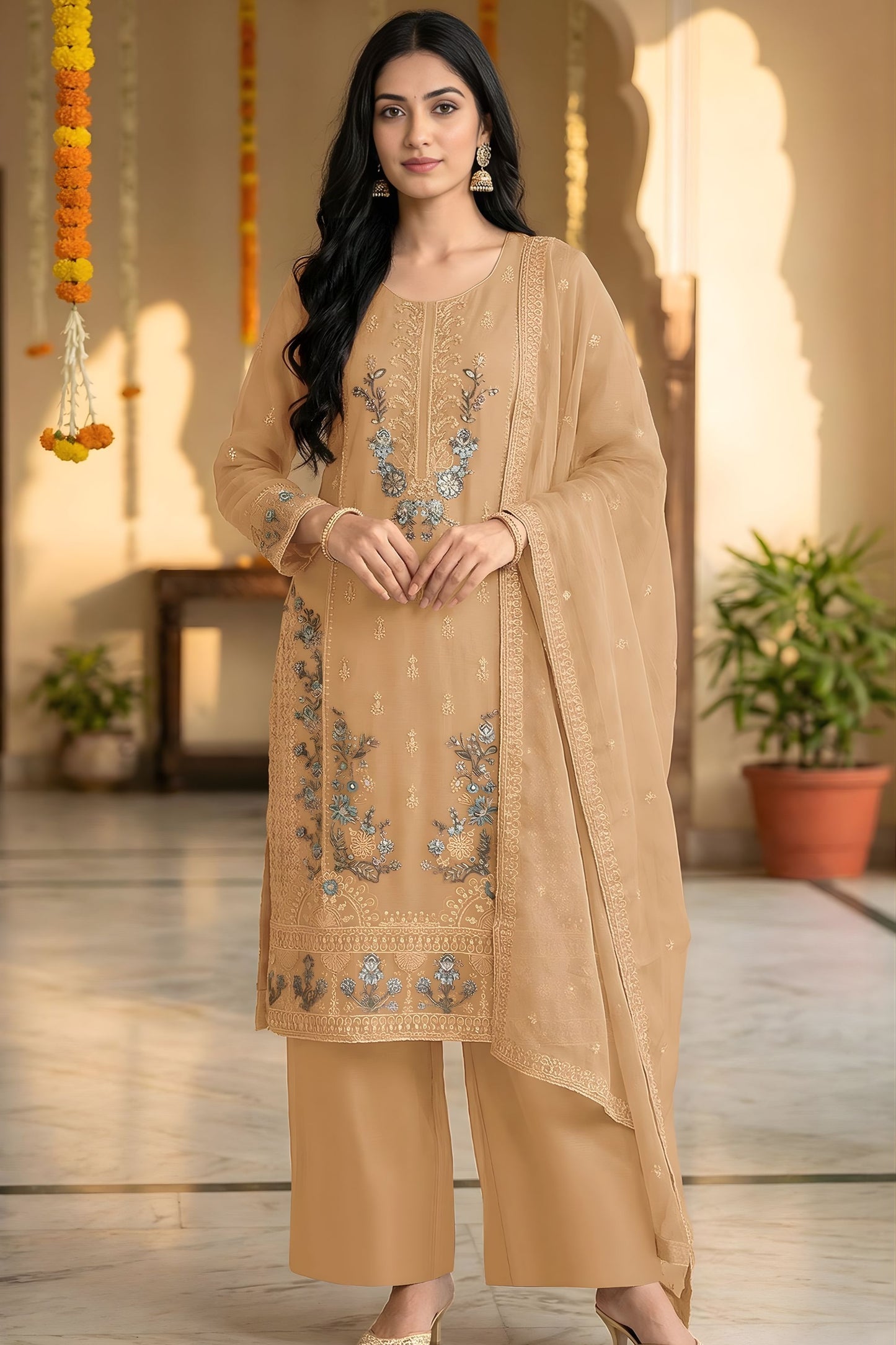 Premium Beige Chiffon Embroidery Work Straight Palazzo Suit