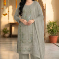Luxury Sage Grey Chiffon Embroidery Work Straight Palazzo Suit