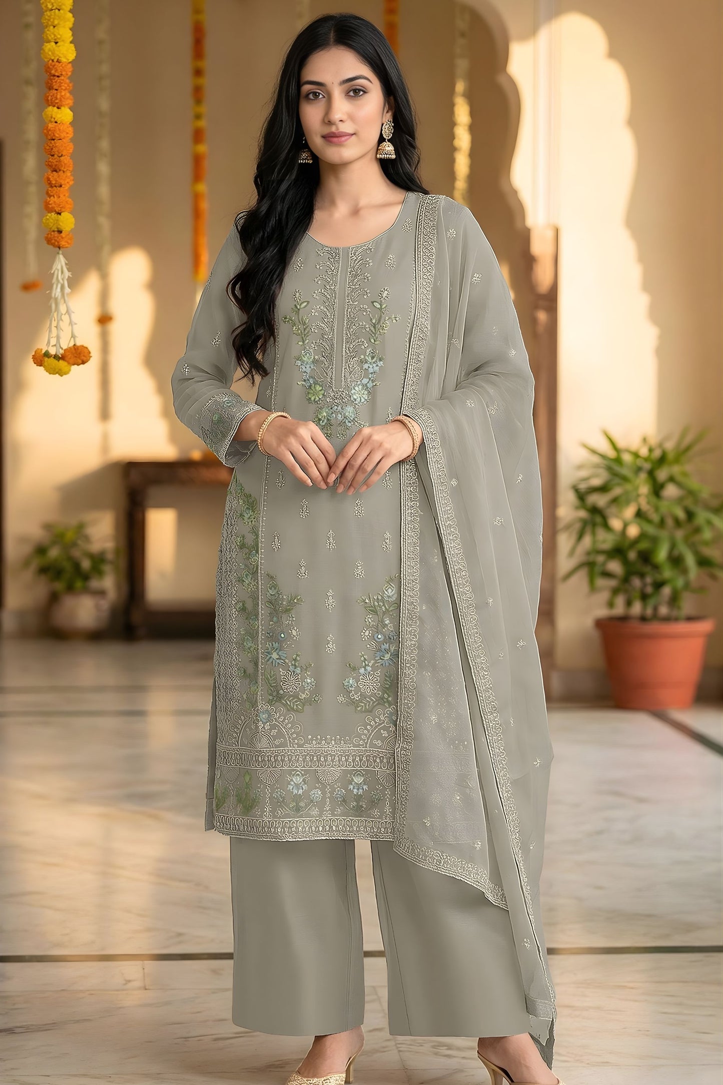 Luxury Sage Grey Chiffon Embroidery Work Straight Palazzo Suit