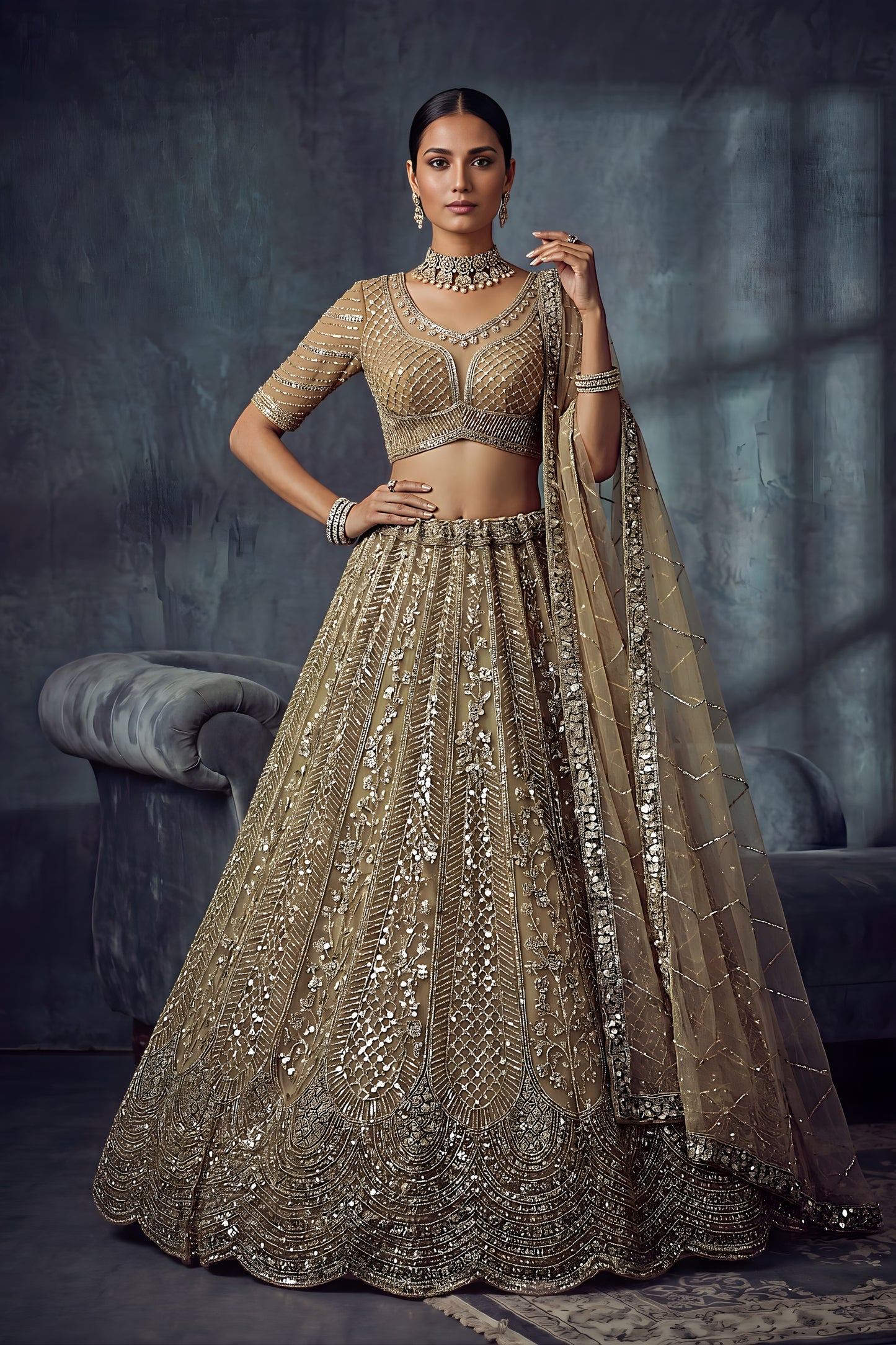 Premium Beige Net Lehenga Choli with Heavy Embroidery Work for Wedding