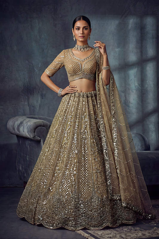 Premium Beige Net Lehenga Choli with Heavy Embroidery Work for Wedding