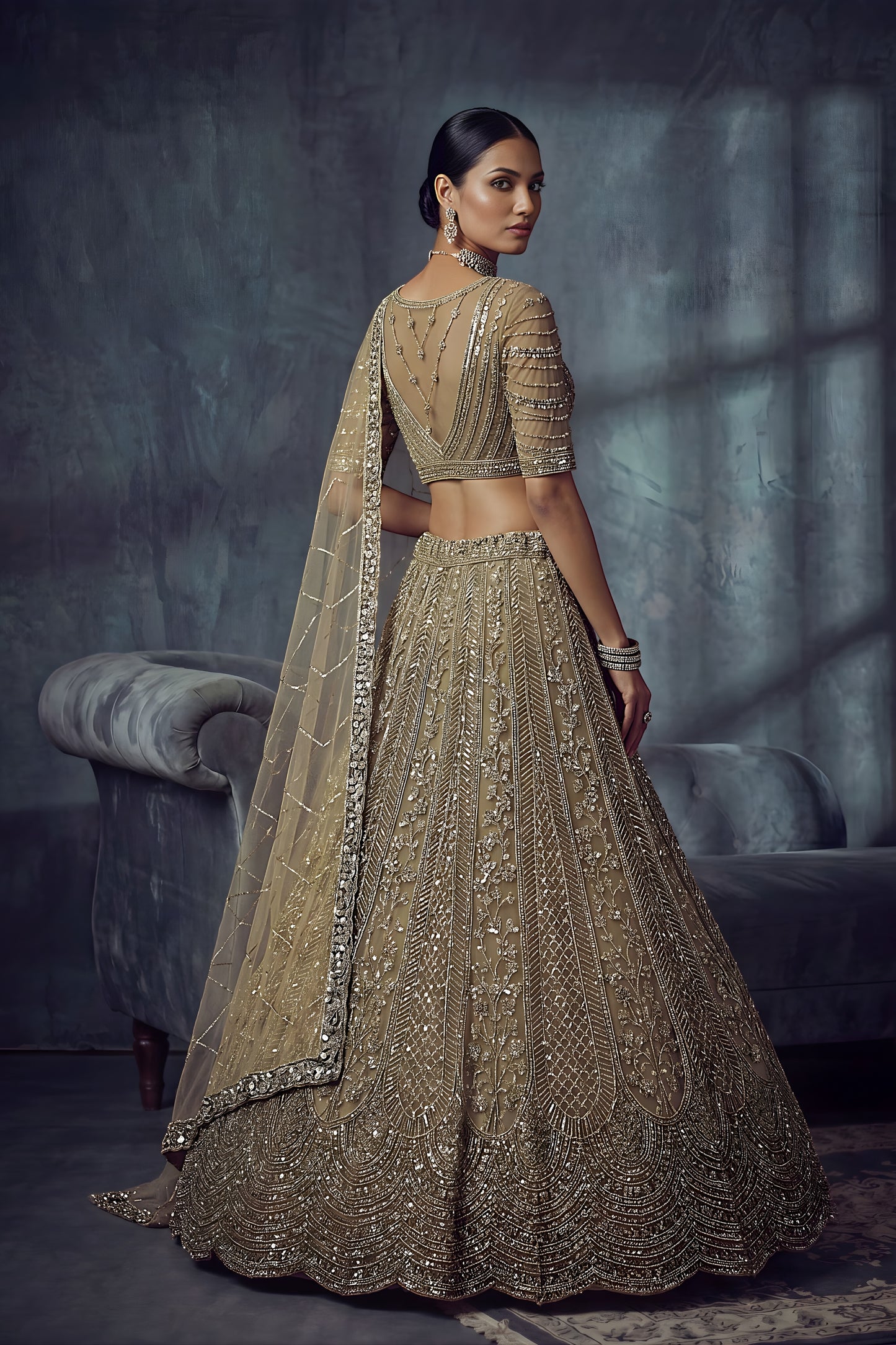 Premium Beige Net Lehenga Choli with Heavy Embroidery Work for Wedding