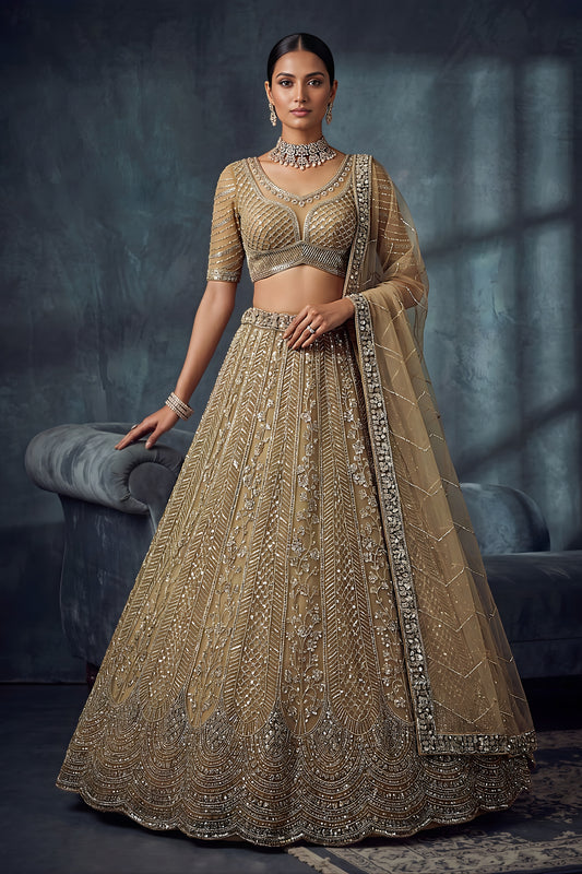 Premium Beige Net Lehenga Choli with Heavy Embroidery Work for Wedding