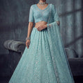 Stylish Sky Blue Net Lehenga Choli with Heavy Embroidery Work for Wedding