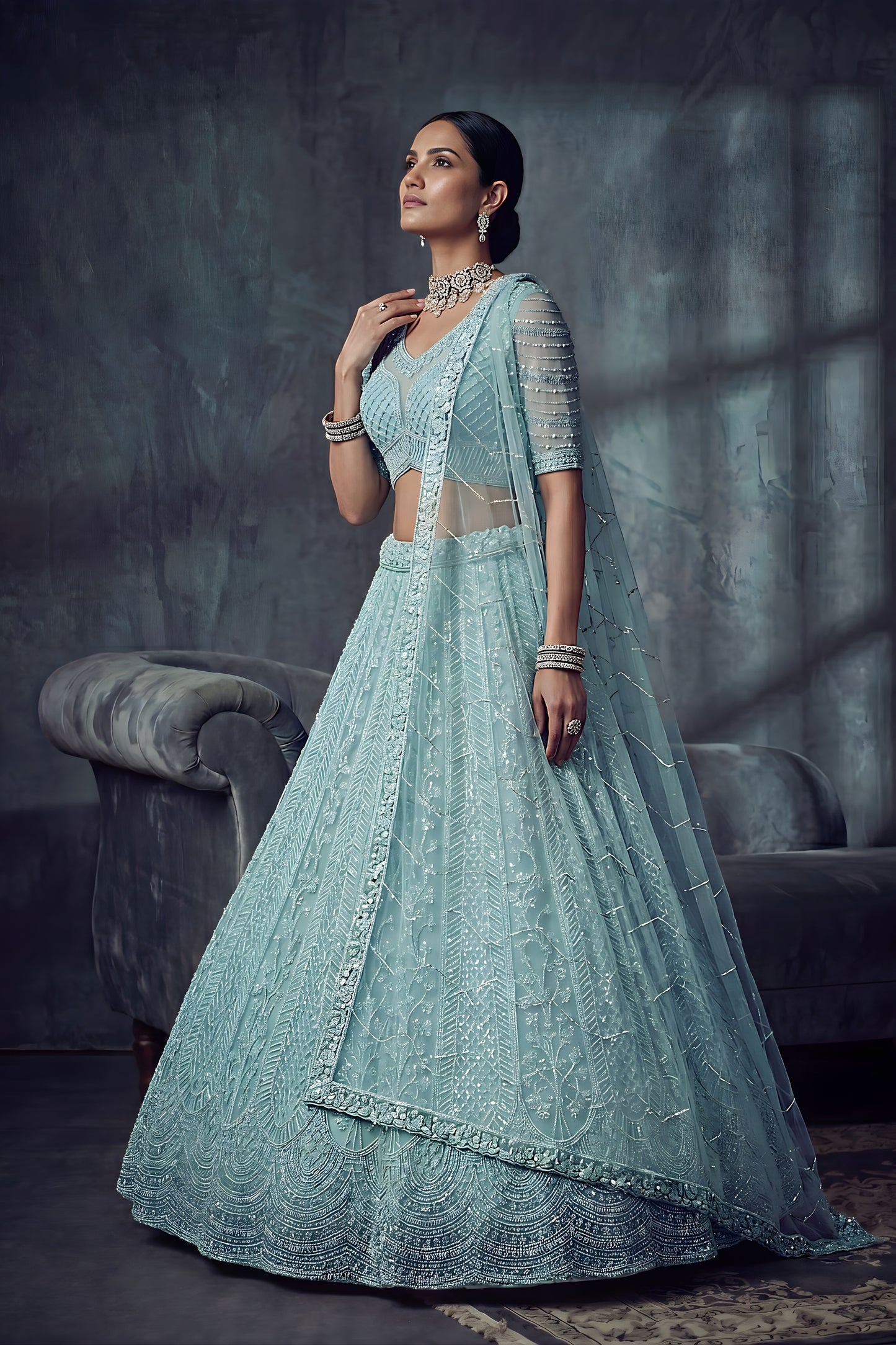 Stylish Sky Blue Net Lehenga Choli with Heavy Embroidery Work for Wedding