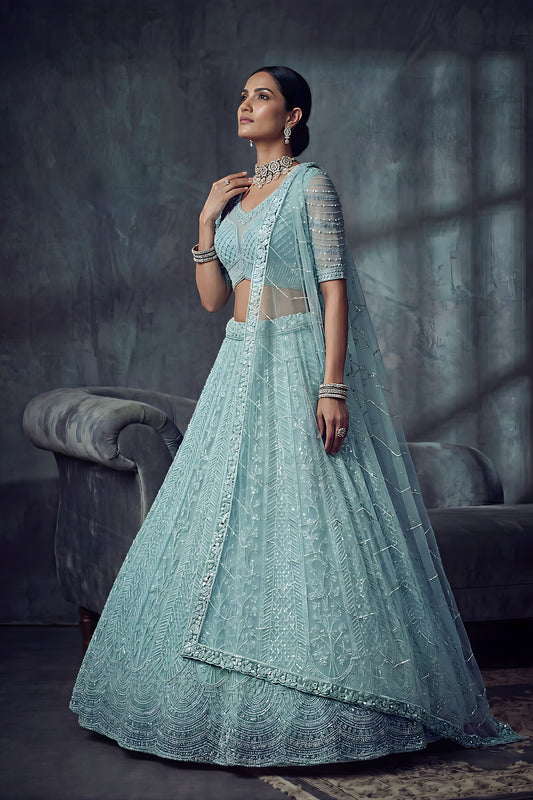 Stylish Sky Blue Net Lehenga Choli with Heavy Embroidery Work for Wedding
