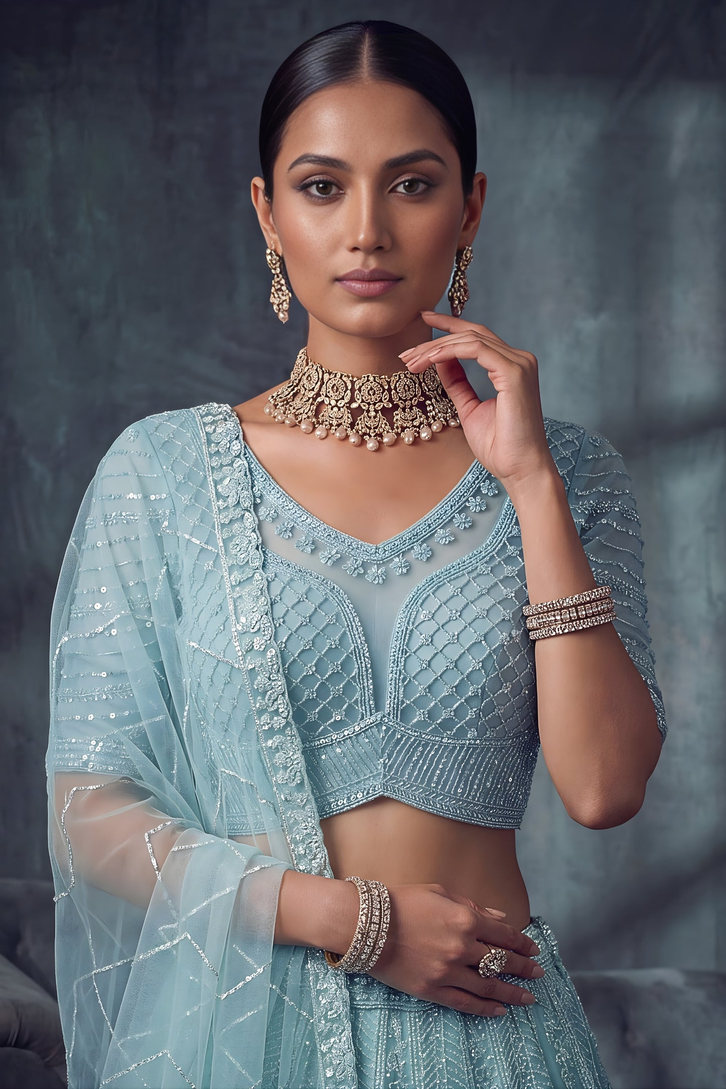 Stylish Sky Blue Net Lehenga Choli with Heavy Embroidery Work for Wedding