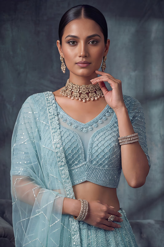 Stylish Sky Blue Net Lehenga Choli with Heavy Embroidery Work for Wedding