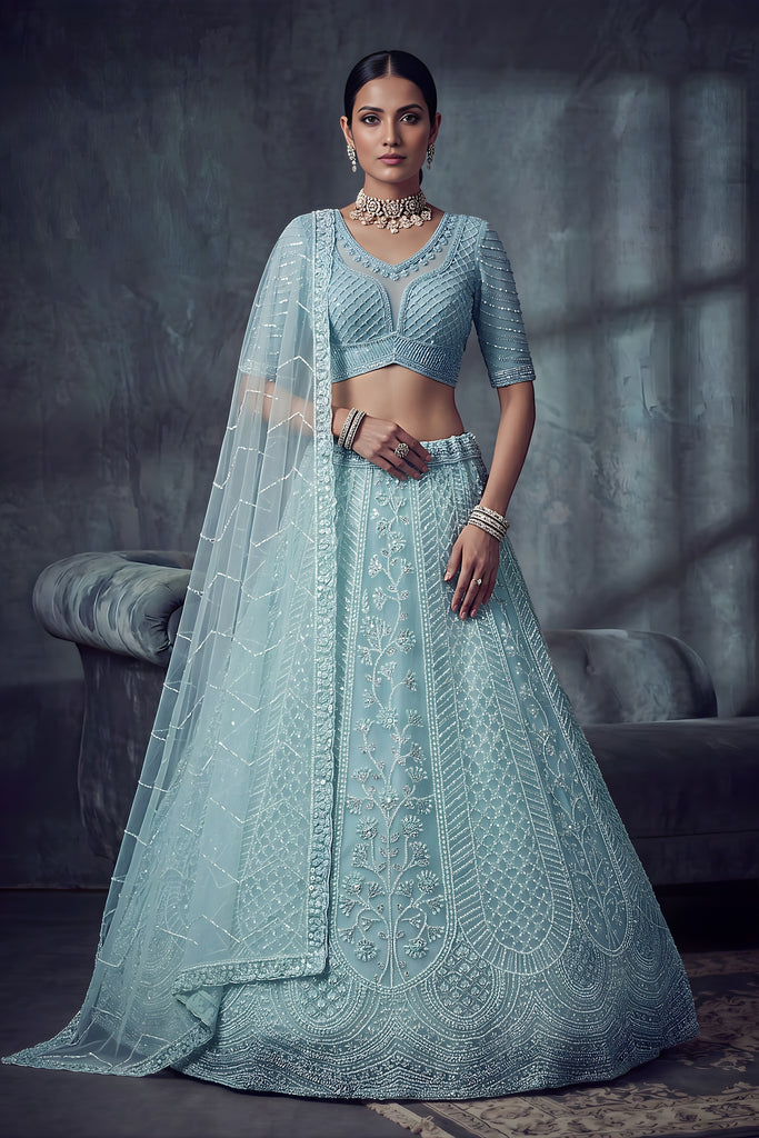 Stylish Sky Blue Net Lehenga Choli with Heavy Embroidery Work for Wedding