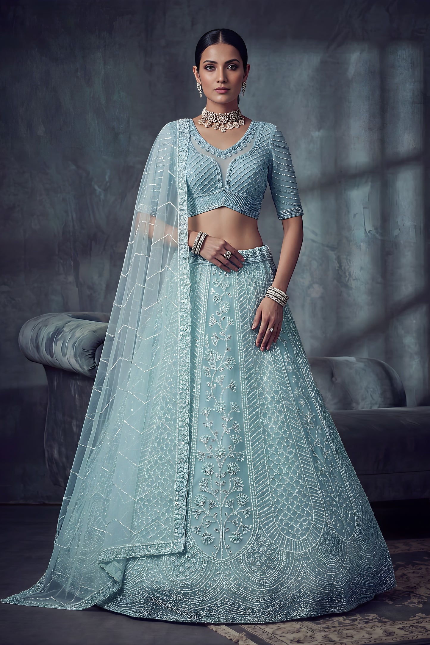 Stylish Sky Blue Net Lehenga Choli with Heavy Embroidery Work for Wedding