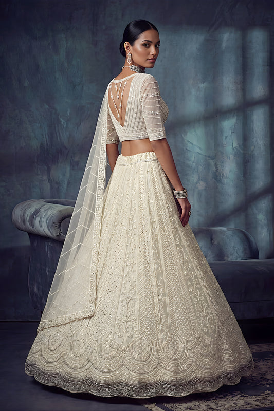 Elegant Off White Net Lehenga Choli with Heavy Embroidery Work for Wedding