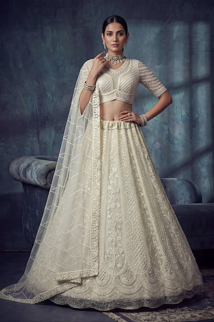 Elegant Off White Net Lehenga Choli with Heavy Embroidery Work for Wedding